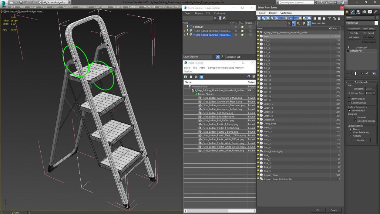 3D 4 Step Folding Aluminium Household Ladder Rigged model