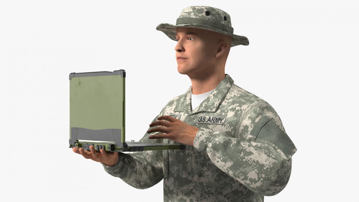 3D Soldier Holding Rugged Laptop Mildef RS13