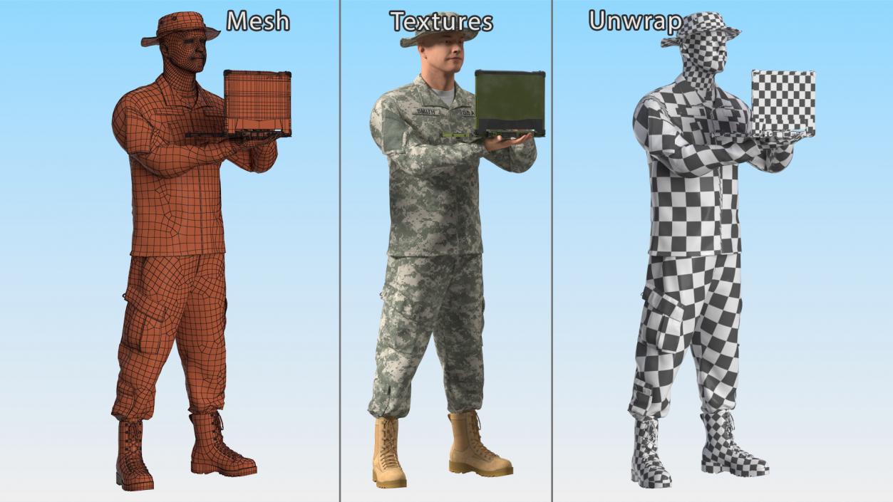 3D Soldier Holding Rugged Laptop Mildef RS13