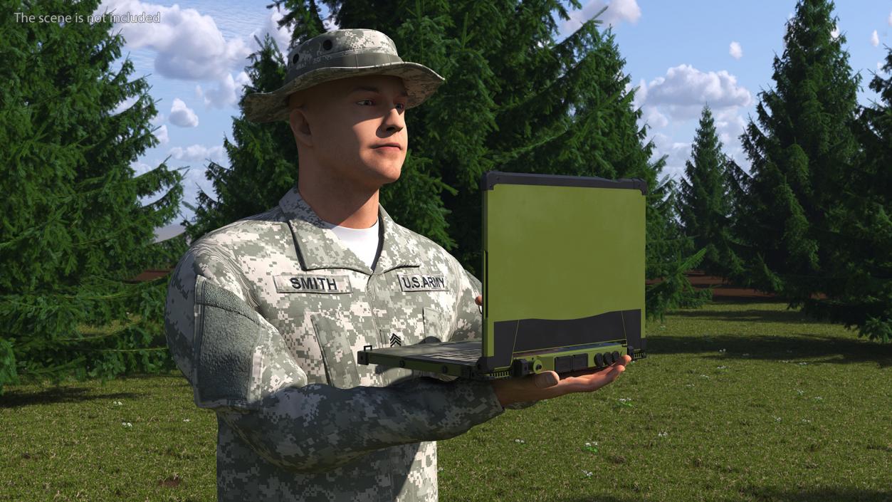 3D Soldier Holding Rugged Laptop Mildef RS13