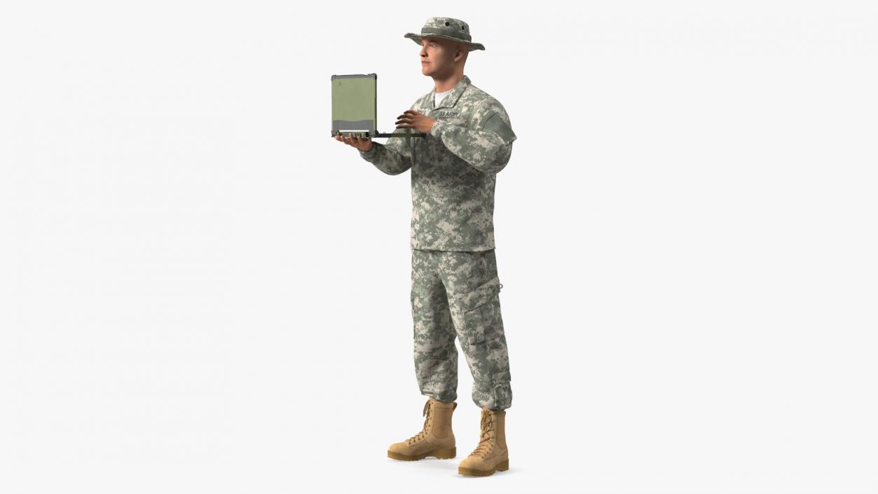 3D Soldier Holding Rugged Laptop Mildef RS13