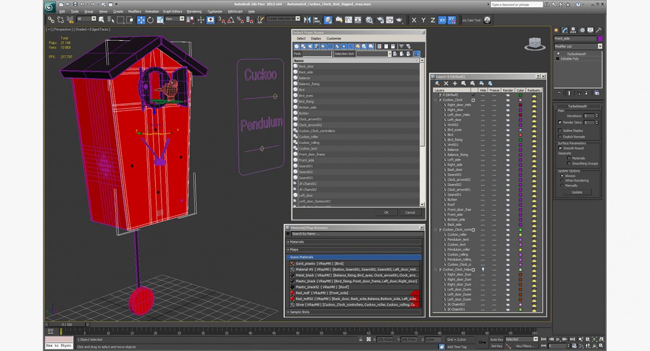 3D Automated Cuckoo Clock Red Rigged model