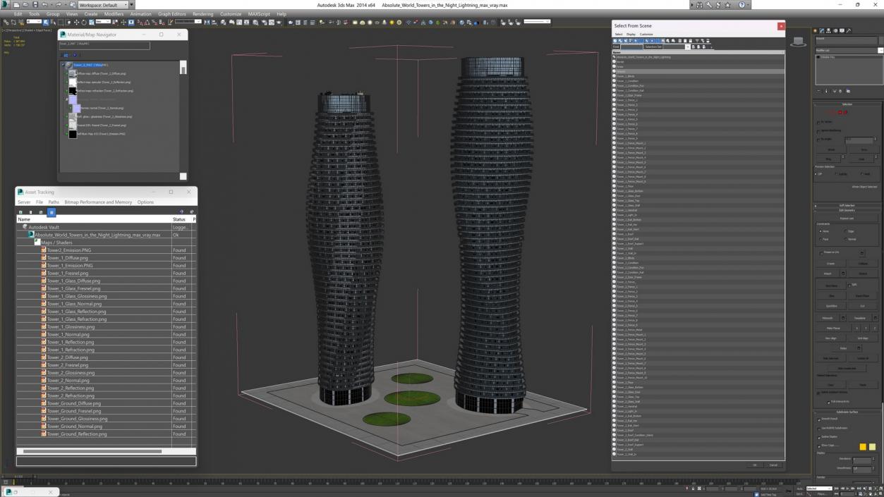 Absolute World Towers in the Night Lightning 3D model