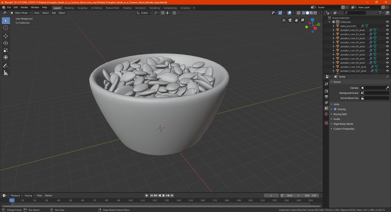 3D Peeled Pumpkin Seeds in a Ceramic Bowl model