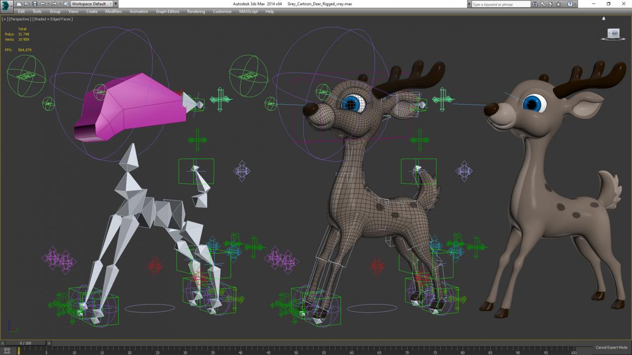 Grey Cartoon Deer Rigged 3D model