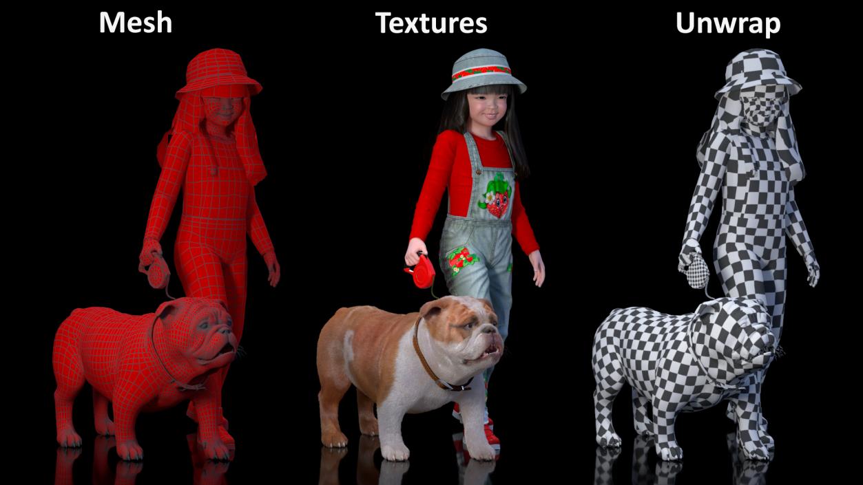 Girl Walks with a Bulldog Fur 3D model