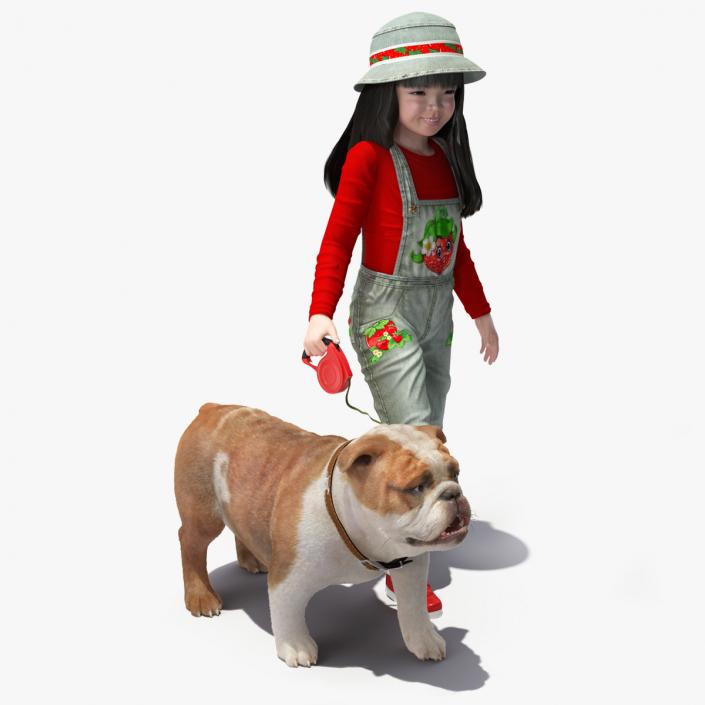 Girl Walks with a Bulldog Fur 3D model