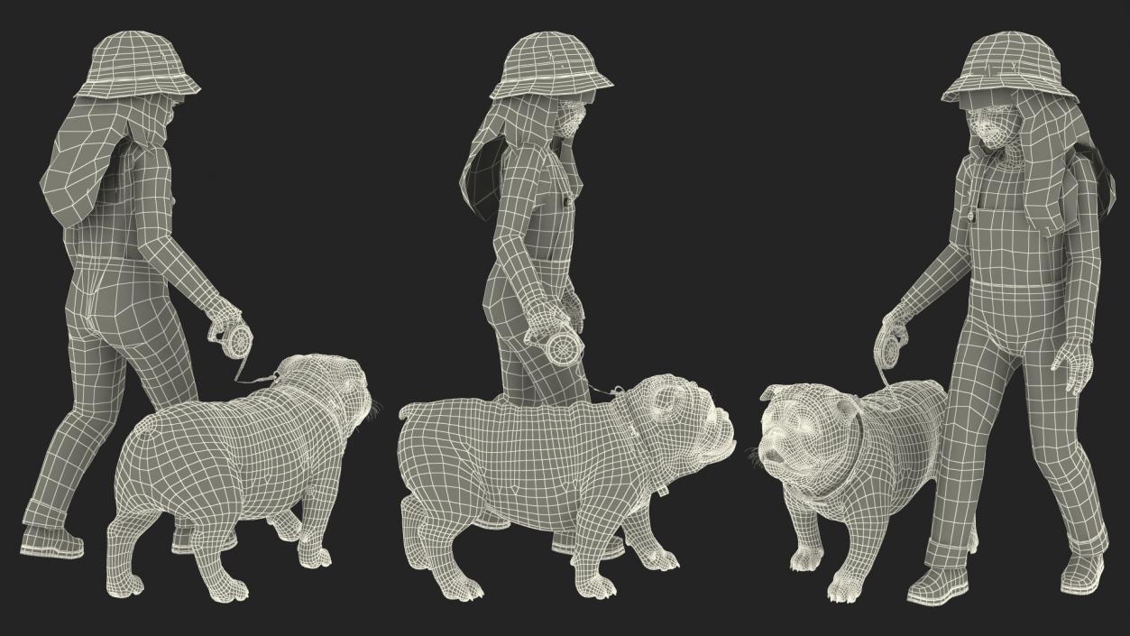 Girl Walks with a Bulldog Fur 3D model