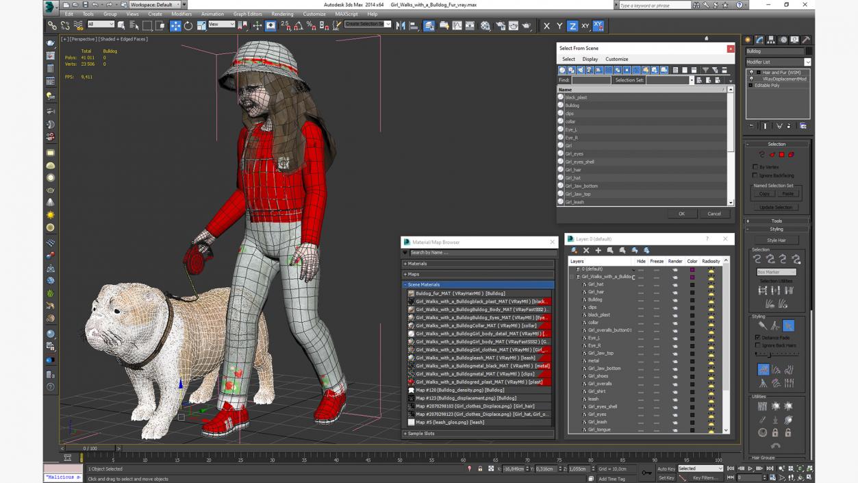 Girl Walks with a Bulldog Fur 3D model