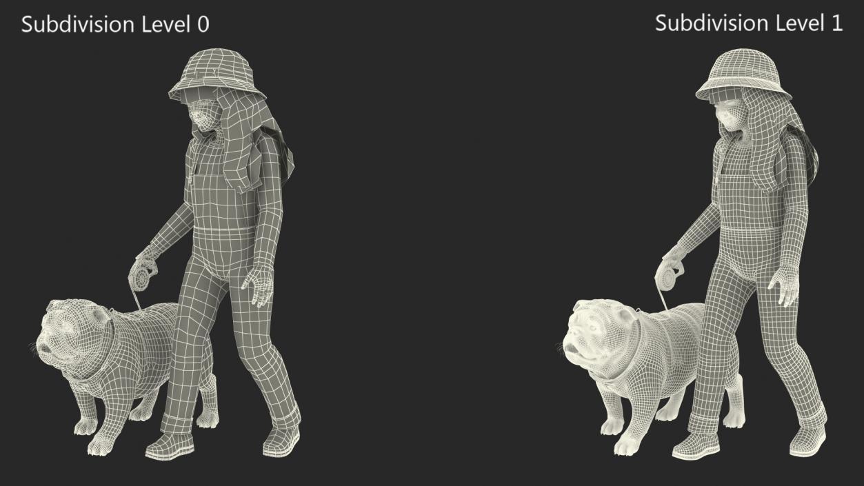 Girl Walks with a Bulldog Fur 3D model