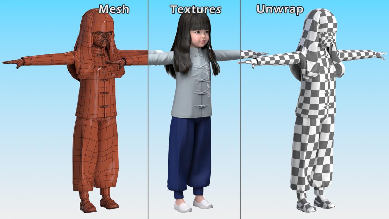 3D model Realistic Asian Baby Girl in Traditional Clothes Rigged