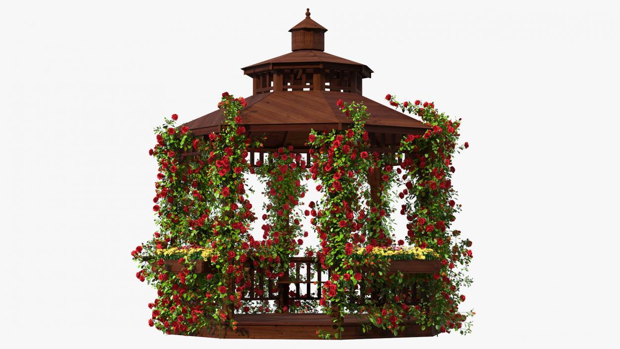 3D Wooden Gazebo Covered with Red Roses