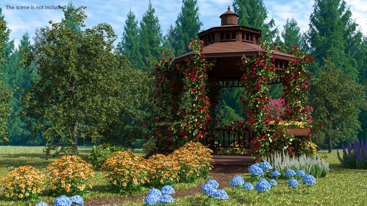 3D Wooden Gazebo Covered with Red Roses