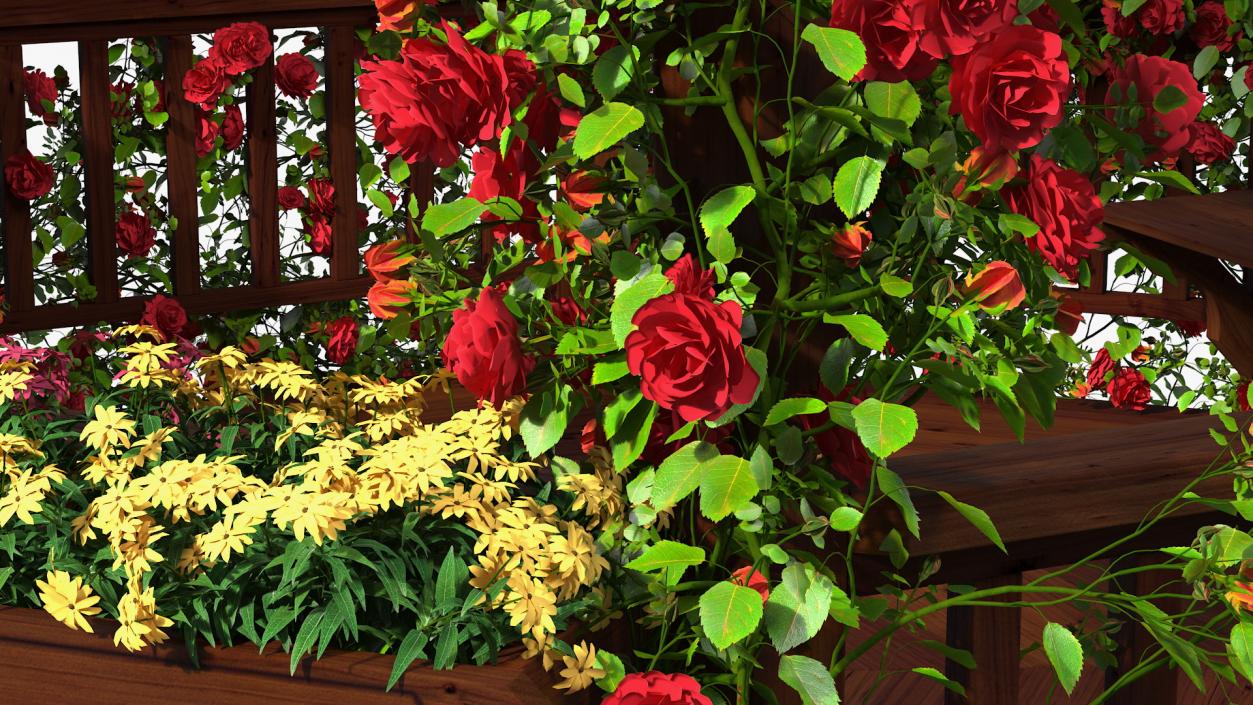 3D Wooden Gazebo Covered with Red Roses