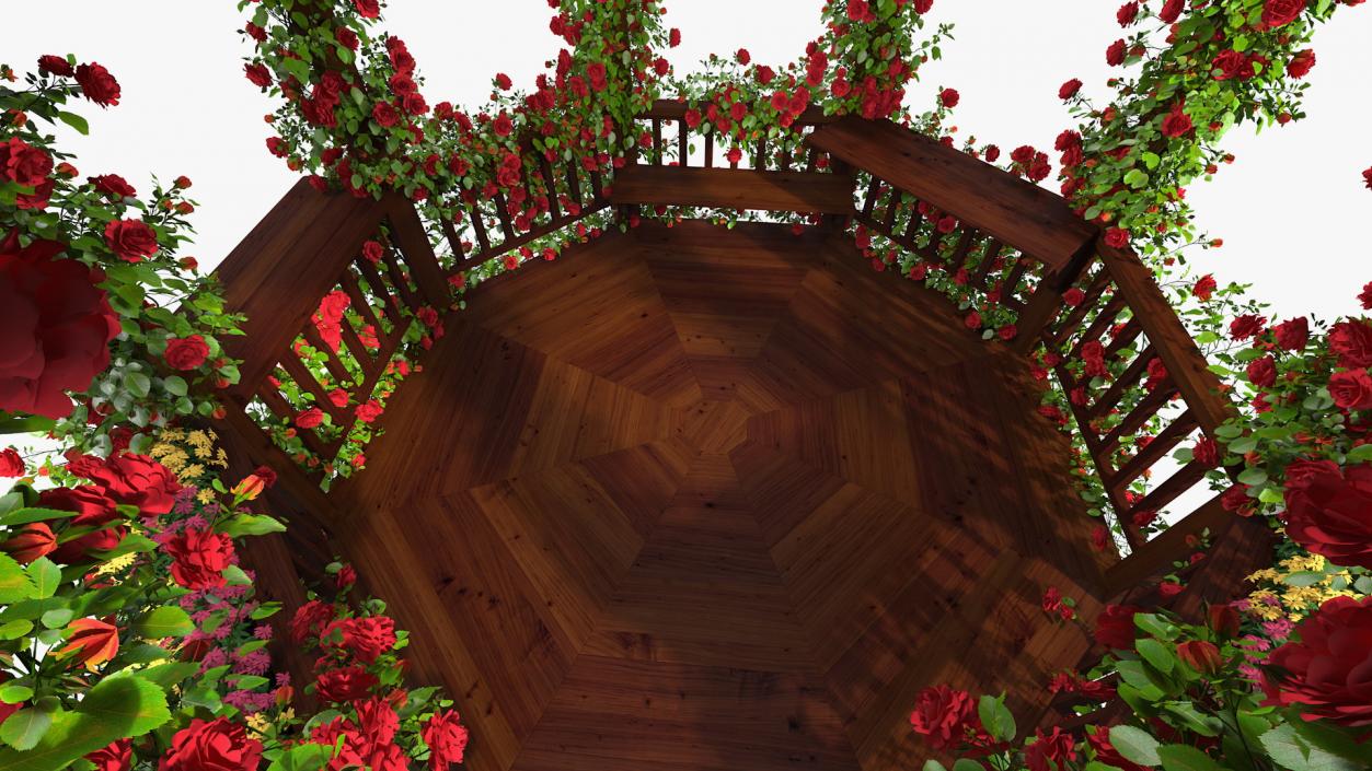 3D Wooden Gazebo Covered with Red Roses