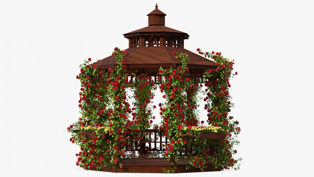 3D Wooden Gazebo Covered with Red Roses