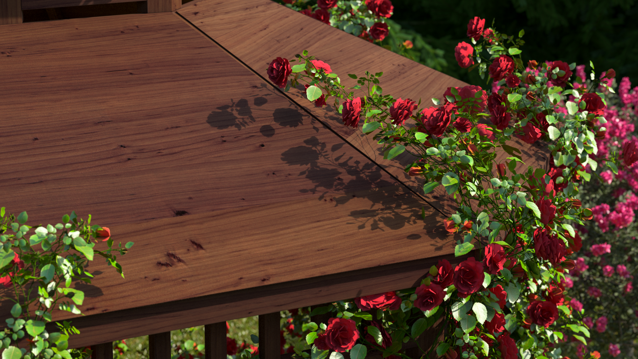 3D Wooden Gazebo Covered with Red Roses