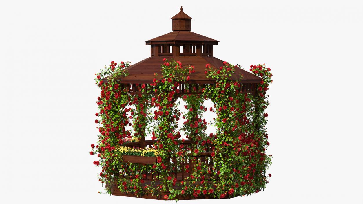 3D Wooden Gazebo Covered with Red Roses