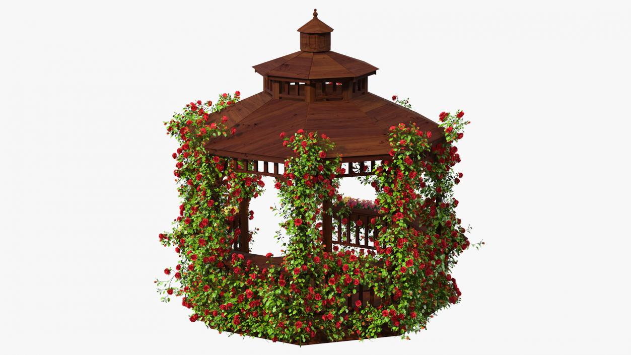 3D Wooden Gazebo Covered with Red Roses