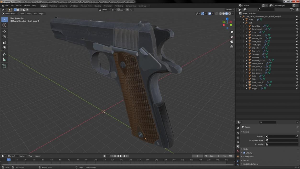 3D Colt 1911 Government AAA Game Weapon