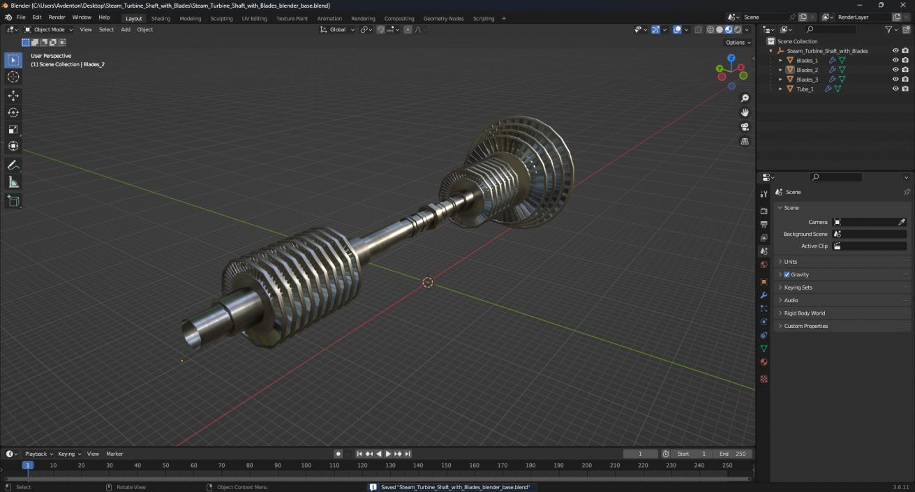 3D Steam Turbine Shaft with Blades