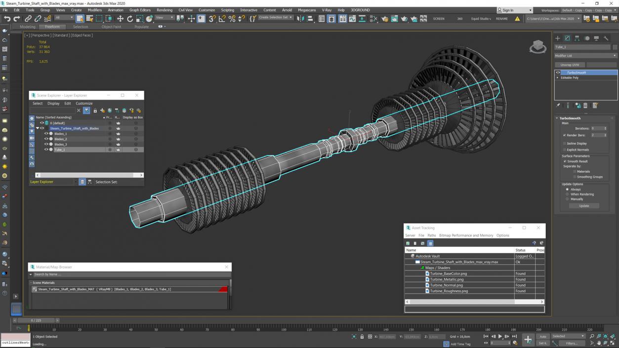 3D Steam Turbine Shaft with Blades