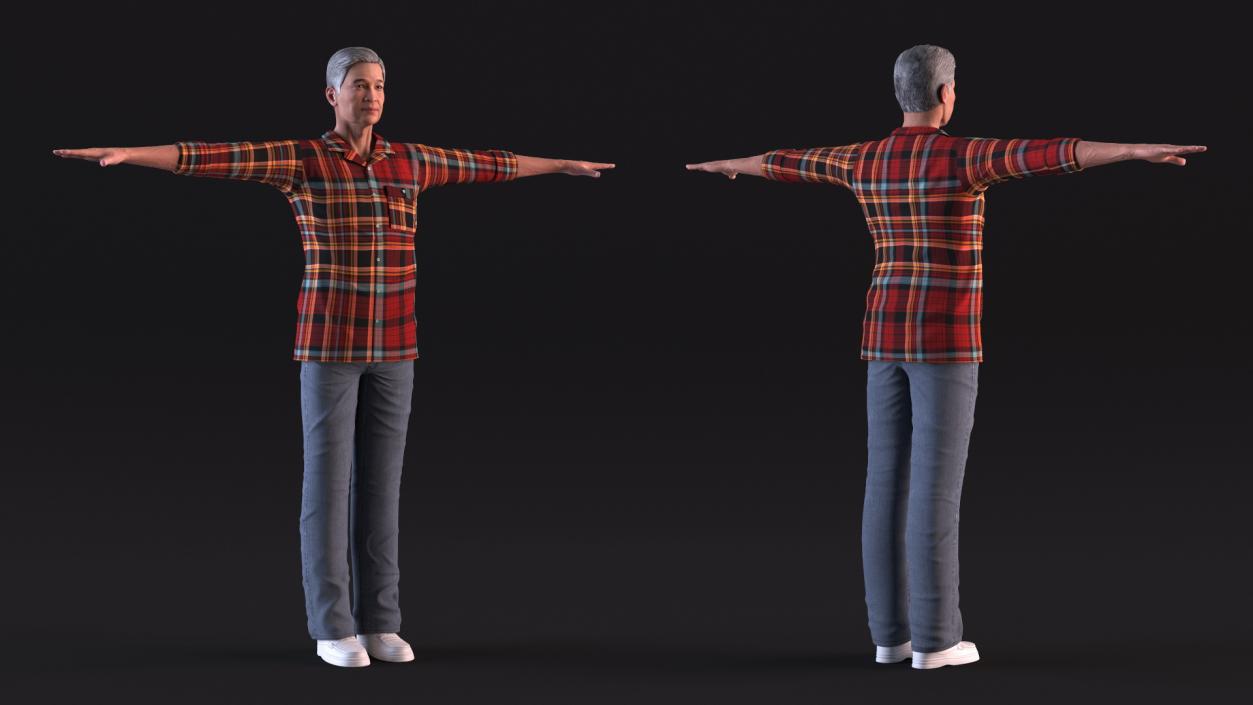 3D Asian Older Man Homewear with Rake T-Pose