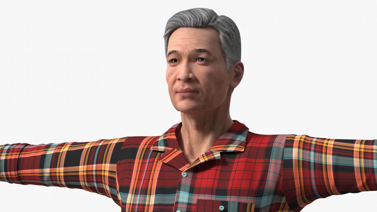 3D Asian Older Man Homewear with Rake T-Pose