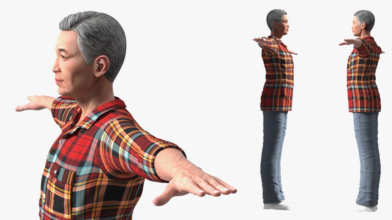 3D Asian Older Man Homewear with Rake T-Pose