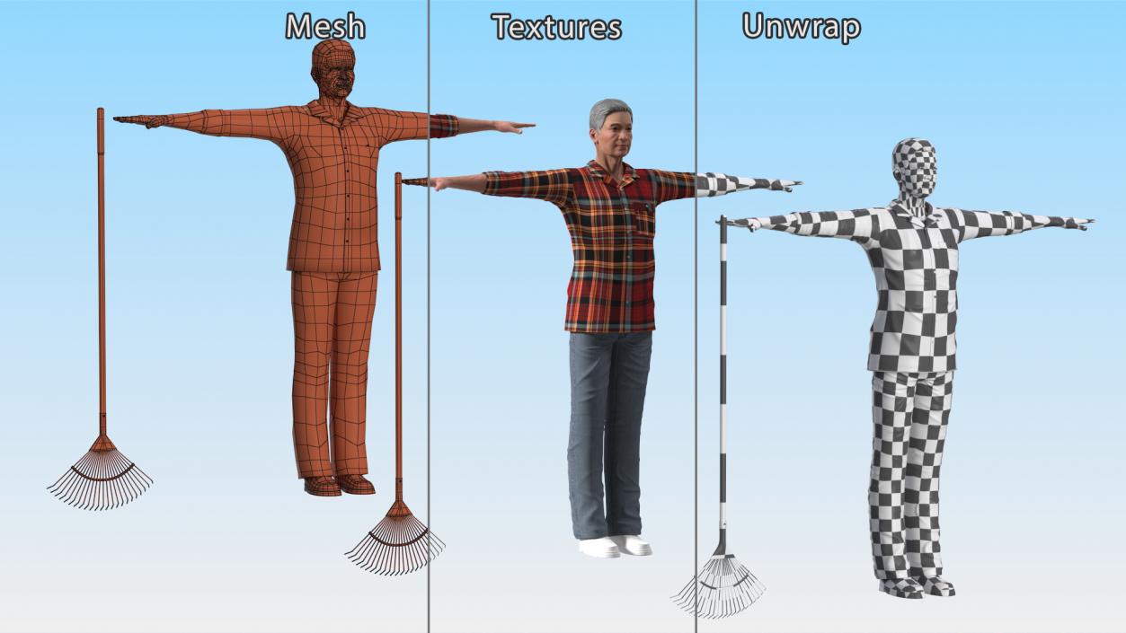 3D Asian Older Man Homewear with Rake T-Pose