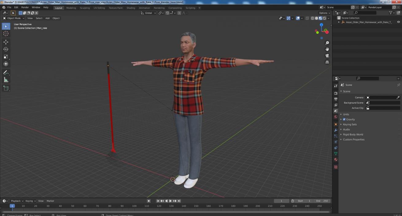 3D Asian Older Man Homewear with Rake T-Pose