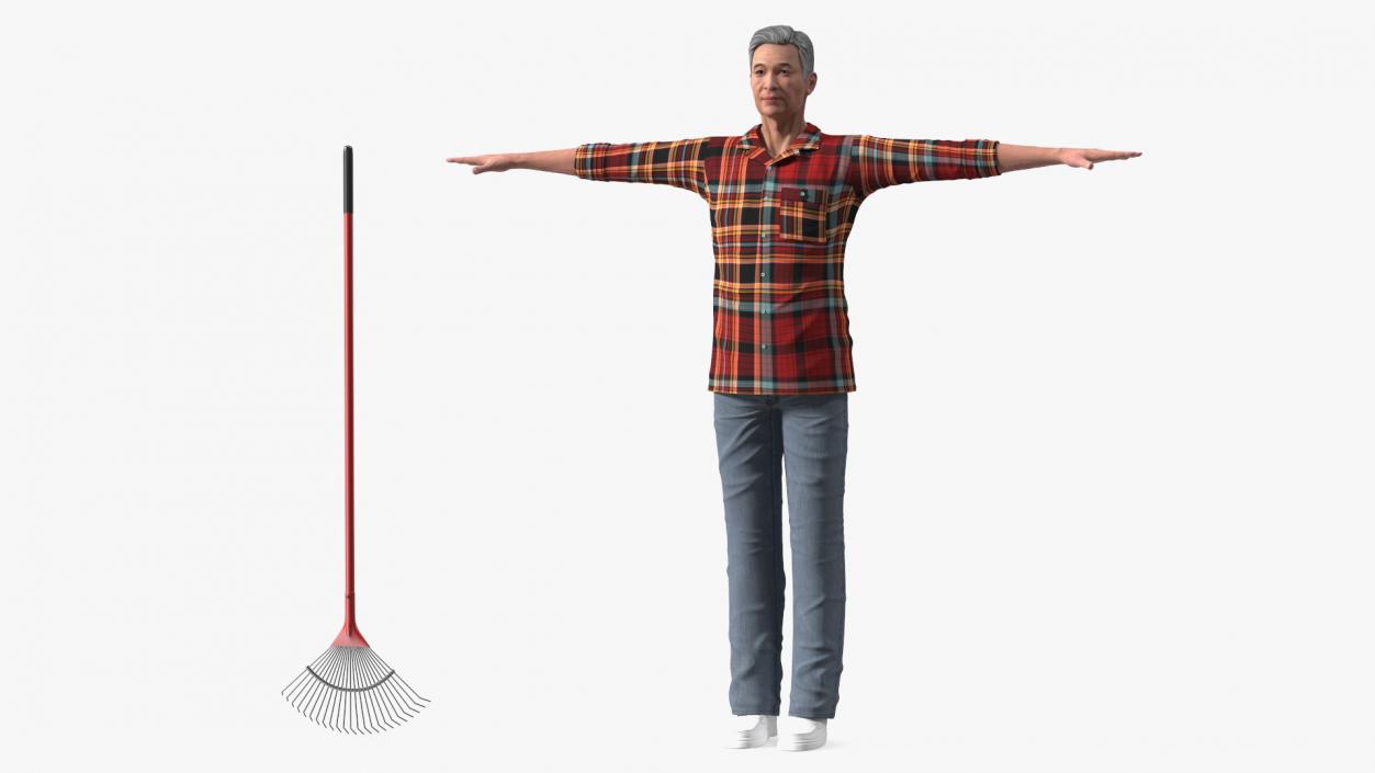 3D Asian Older Man Homewear with Rake T-Pose