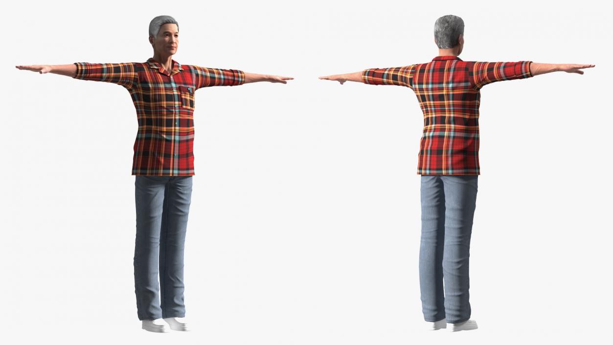 3D Asian Older Man Homewear with Rake T-Pose