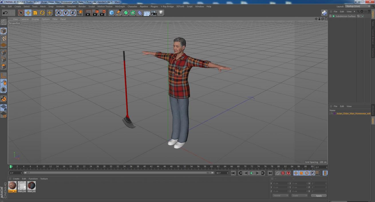 3D Asian Older Man Homewear with Rake T-Pose