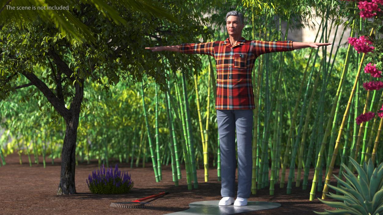 3D Asian Older Man Homewear with Rake T-Pose