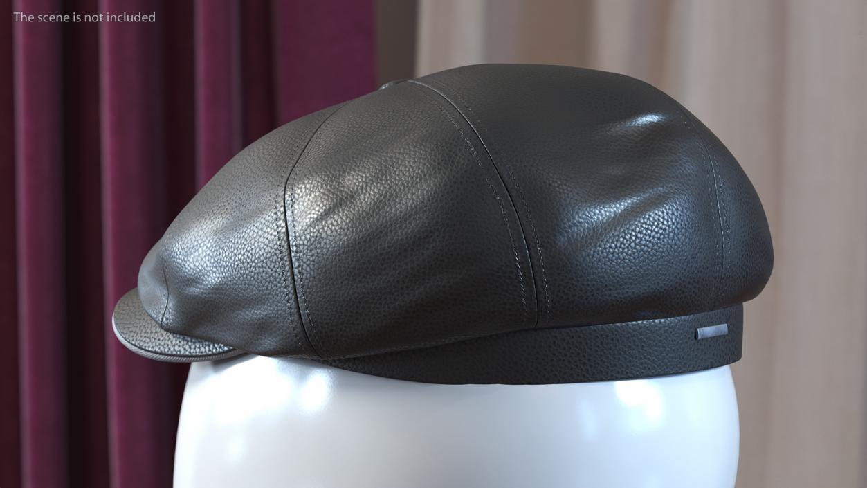 Leather Flat Cap Black 3D