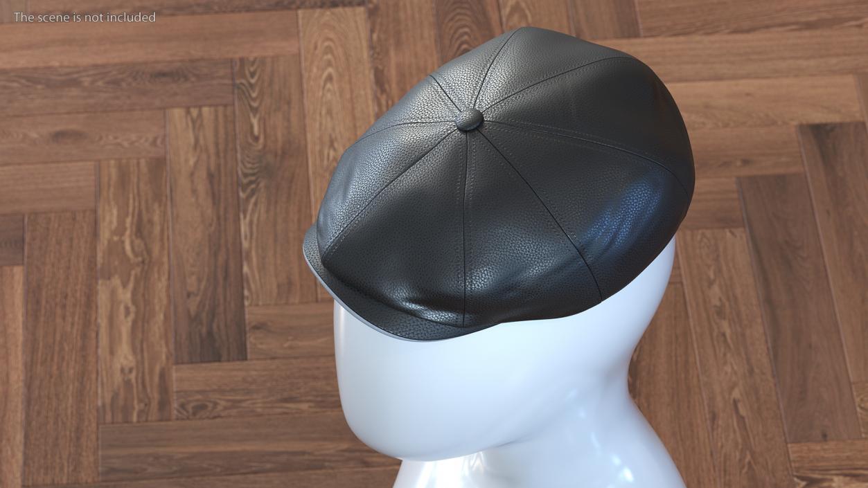 Leather Flat Cap Black 3D