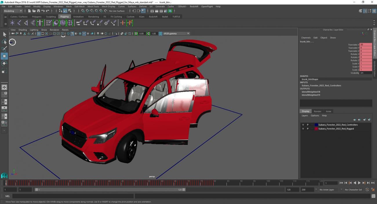 3D model Subaru Forester 2022 Red Rigged for Maya