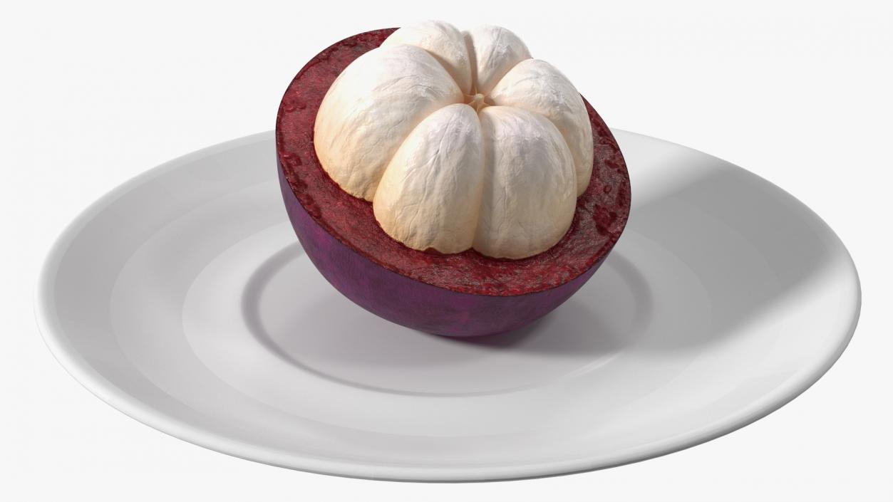 3D Half Peeled Tropical Mangosteen on White Plate