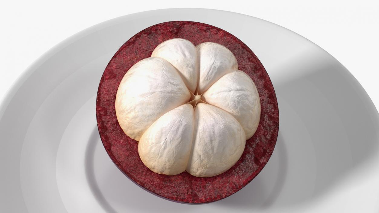 3D Half Peeled Tropical Mangosteen on White Plate