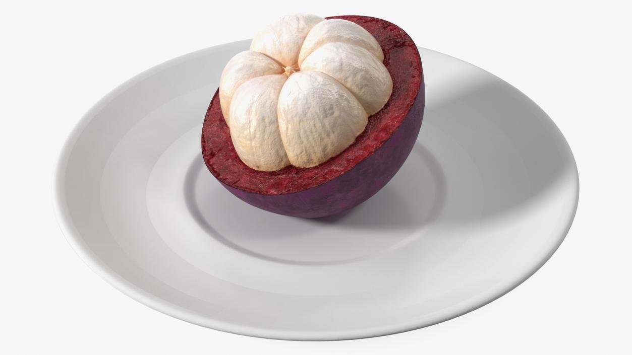 3D Half Peeled Tropical Mangosteen on White Plate