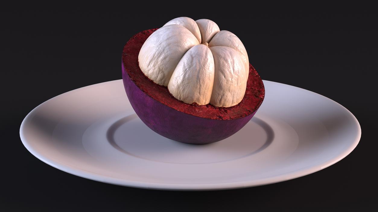 3D Half Peeled Tropical Mangosteen on White Plate