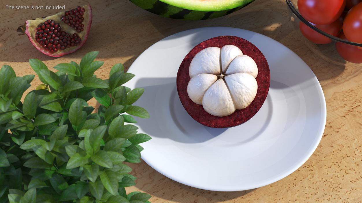 3D Half Peeled Tropical Mangosteen on White Plate