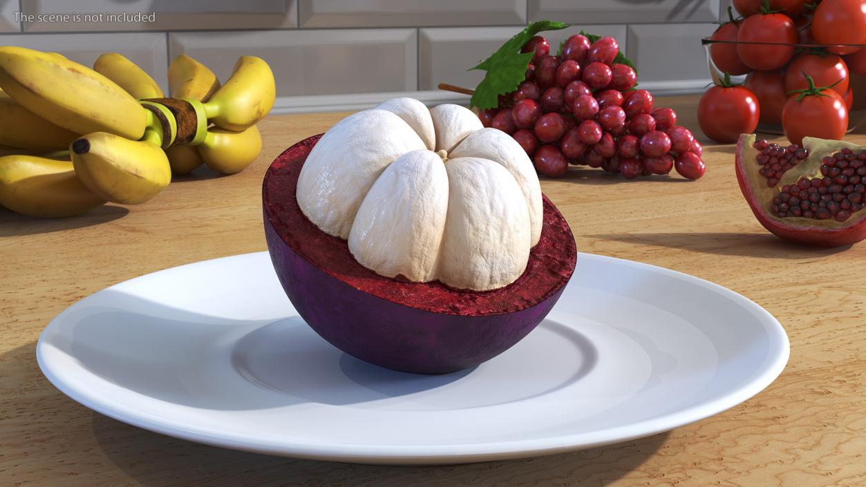 3D Half Peeled Tropical Mangosteen on White Plate