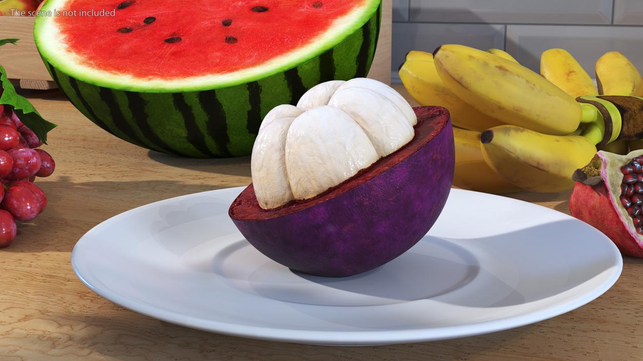 3D Half Peeled Tropical Mangosteen on White Plate