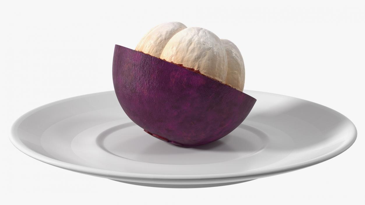 3D Half Peeled Tropical Mangosteen on White Plate