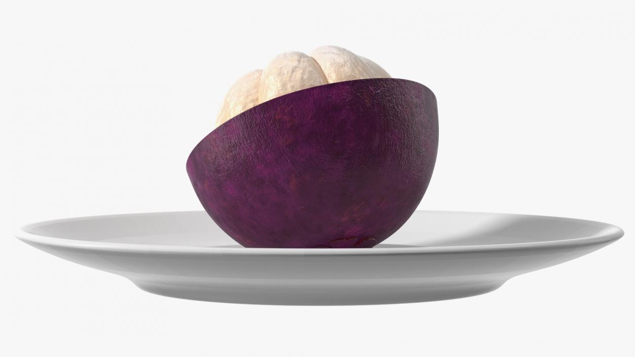 3D Half Peeled Tropical Mangosteen on White Plate