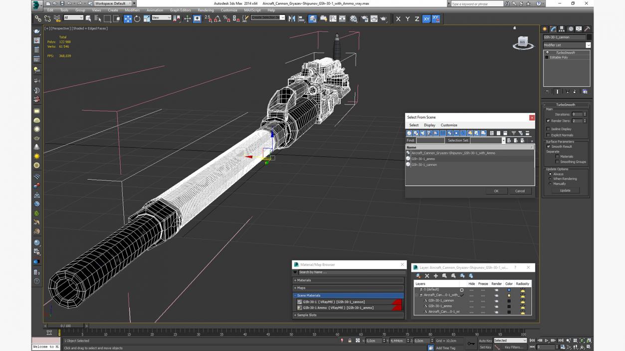 3D Aircraft Cannon Gryazev-Shipunov GSh-30-1 with Ammo