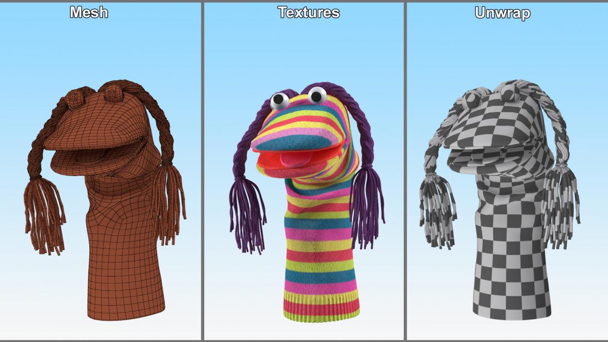 Sock Puppet Character Striped Girl Smiling Pose 3D