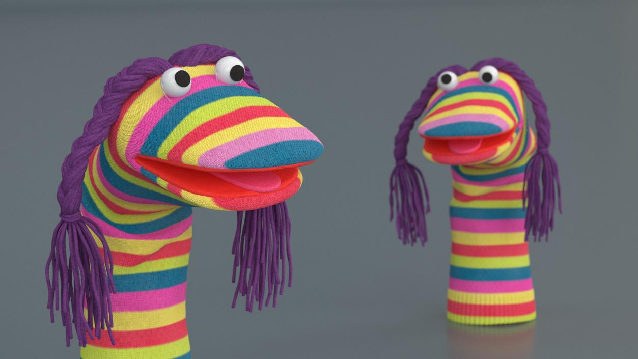 Sock Puppet Character Striped Girl Smiling Pose 3D